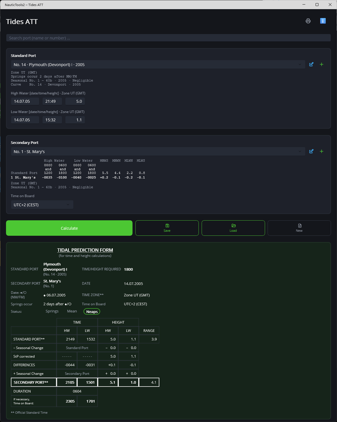 Completed tidal prediction form