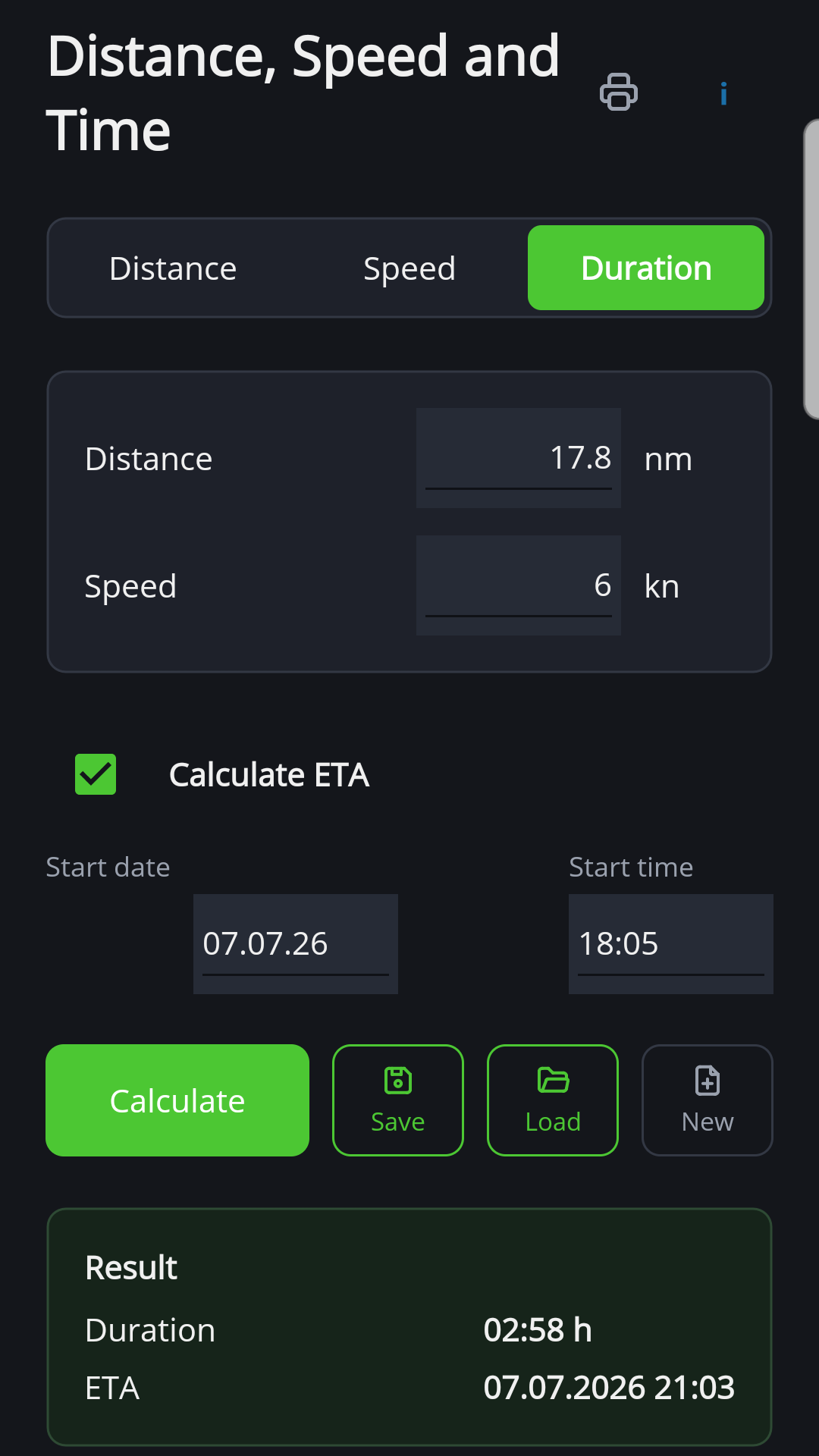 Distance, speed and time in the Android version of NauticTools2 with duration and ETA