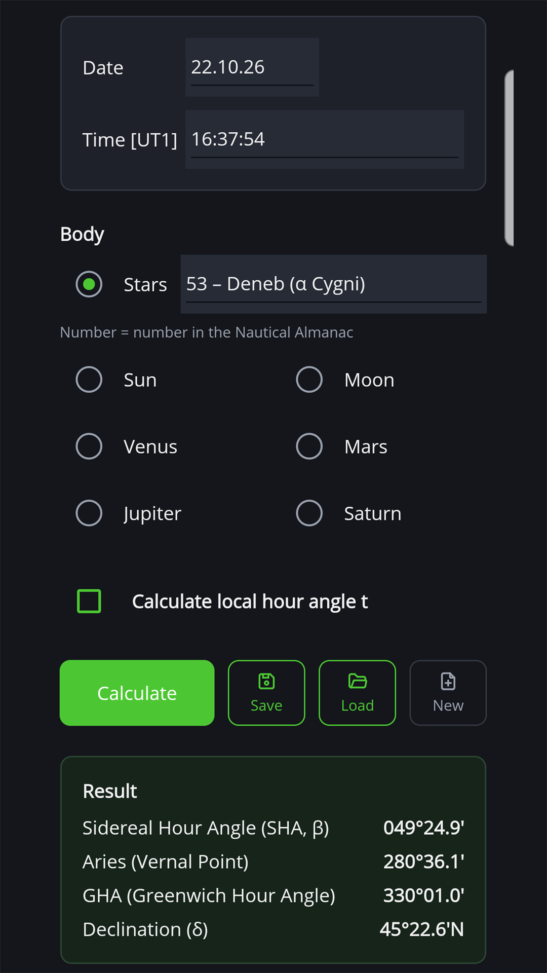 Ephemeris calculation for the star Deneb with SHA, GHA Aries, GHA and declination