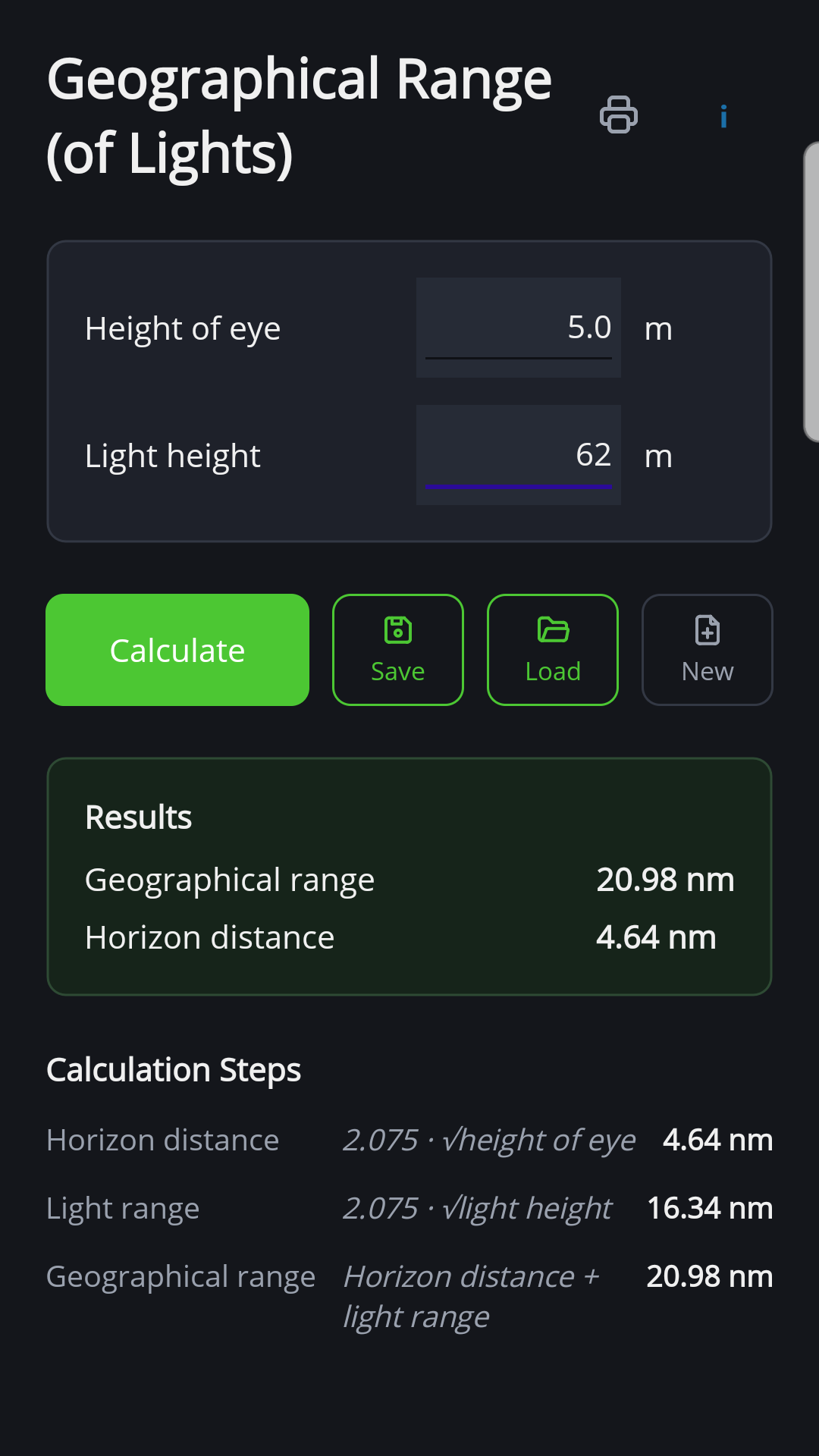 Geographical range of a light in the Android version of NauticTools2 with result and working