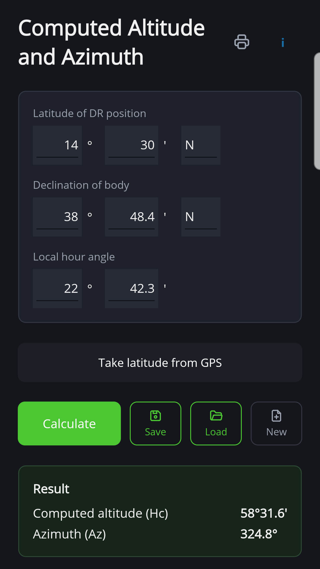 Computed altitude and azimuth for the star Vega
