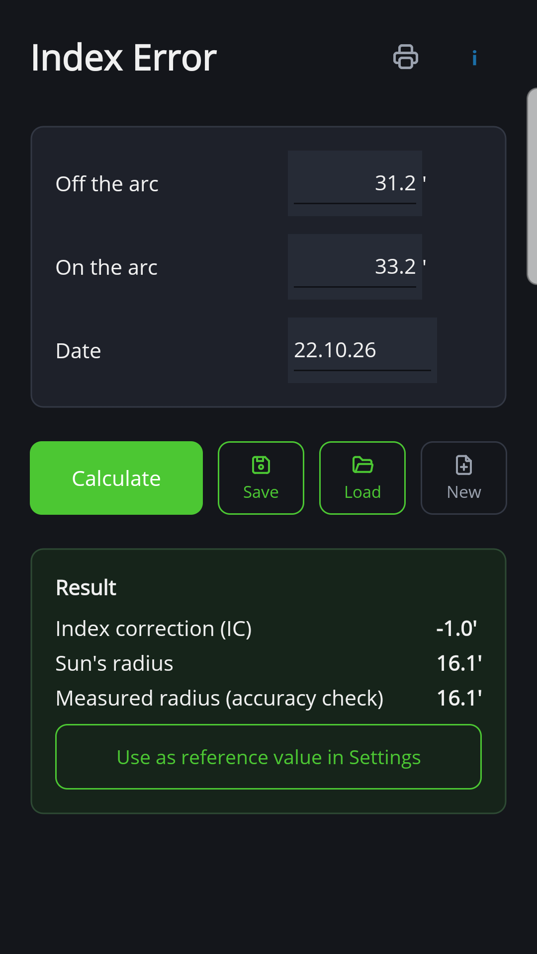 Index correction from readings off and on the arc with measured and true sun's radius