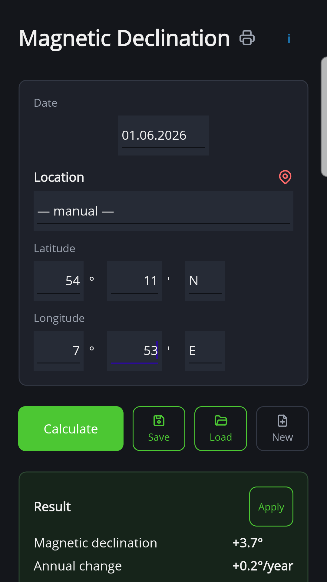Magnetic declination in the Android version of NauticTools2 with the result for Heligoland