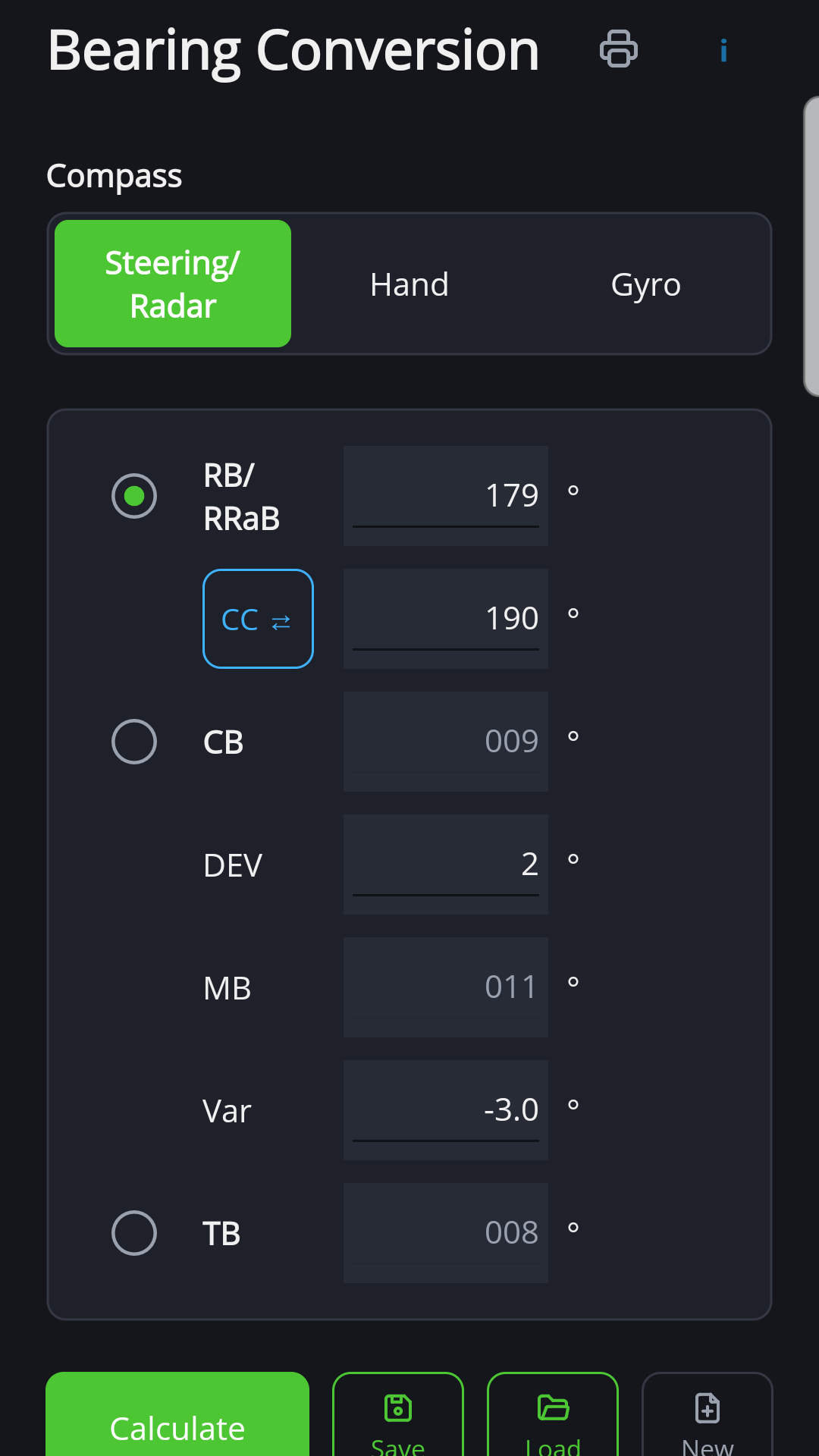 Bearing conversion in the Android version of NauticTools2 with relative and true bearing