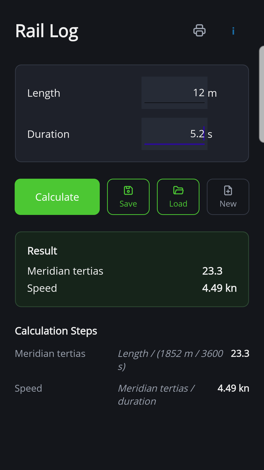 Rail log in the Android version of NauticTools2 with result and working
