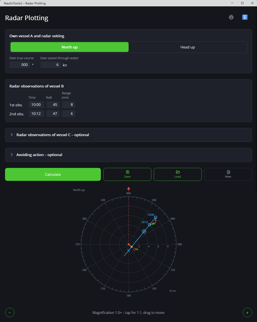 Radar plotting in the Windows version of NauticTools2 with radar plot, relative track and CPA