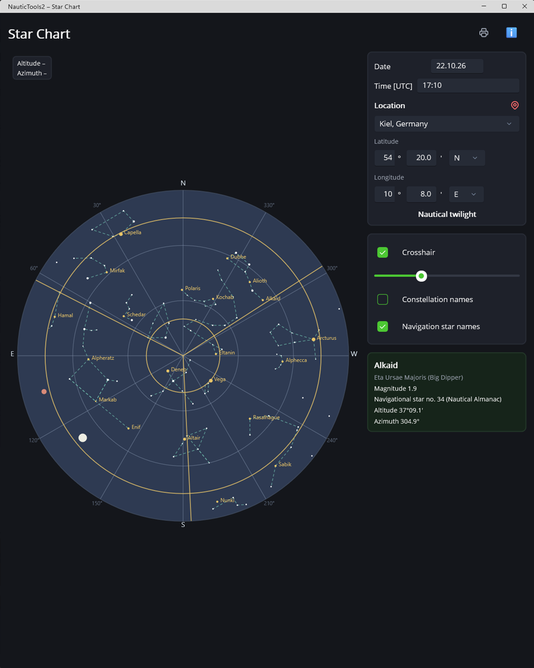 Star chart with navigational stars, constellations and crosshair