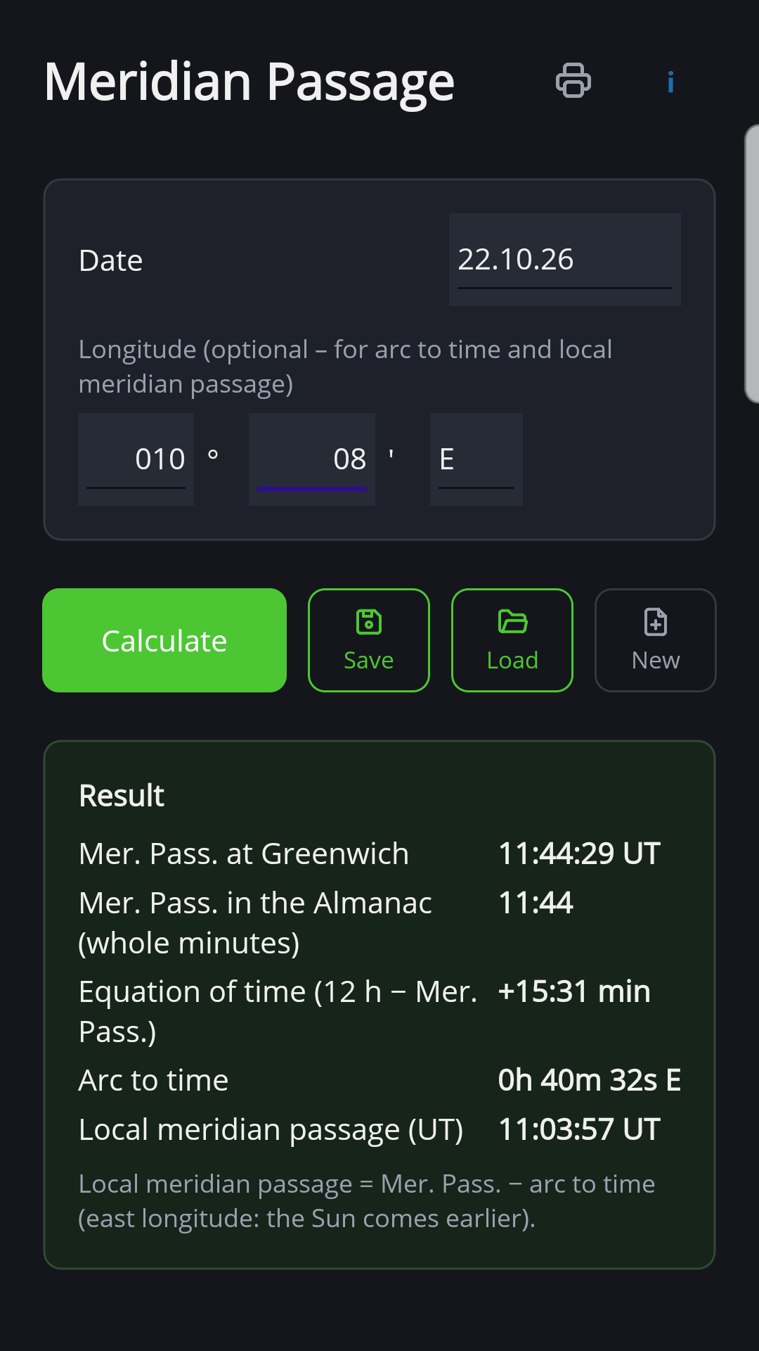 Meridian passage with equation of time, longitude in time and local meridian passage for Kiel