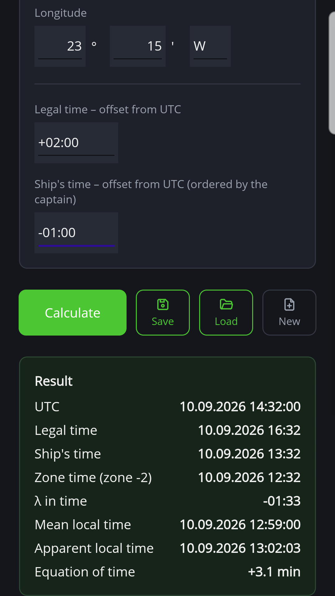 Time systems in the Android version of NauticTools2 with all results